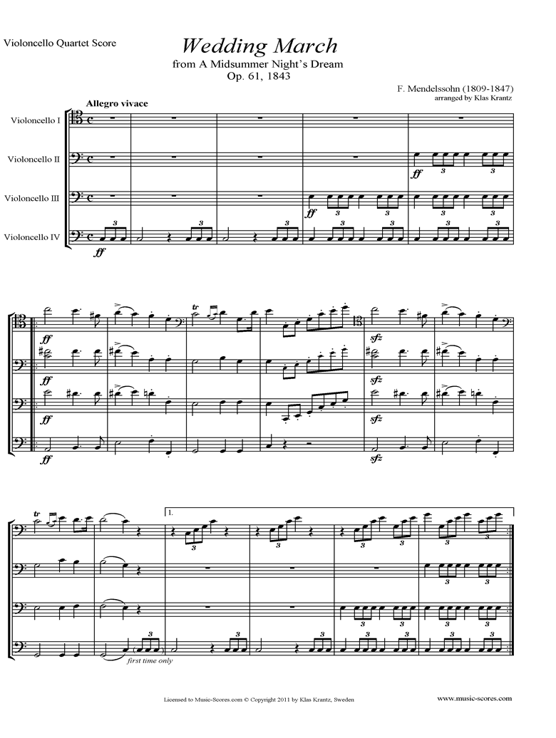 Front page of Op.61: Midsummer Nights Dream: Bridal March: Cello Quartet sheet music