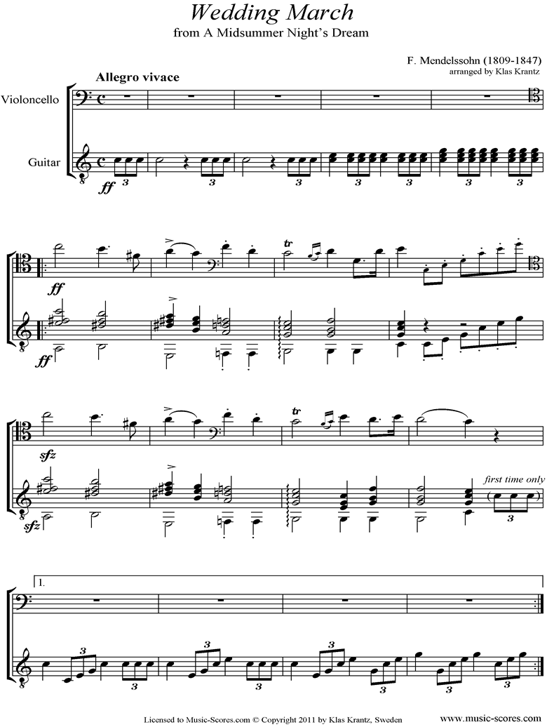 Op.61: Midsummer Nights Dream: Bridal March: Cello, Guitar by Mendelssohn