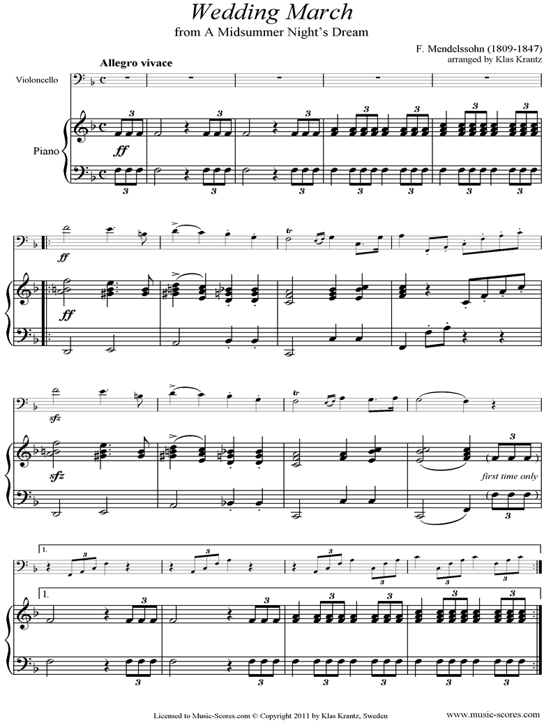 Op.61: Midsummer Nights Dream: Bridal March: Cello, Piano by Mendelssohn