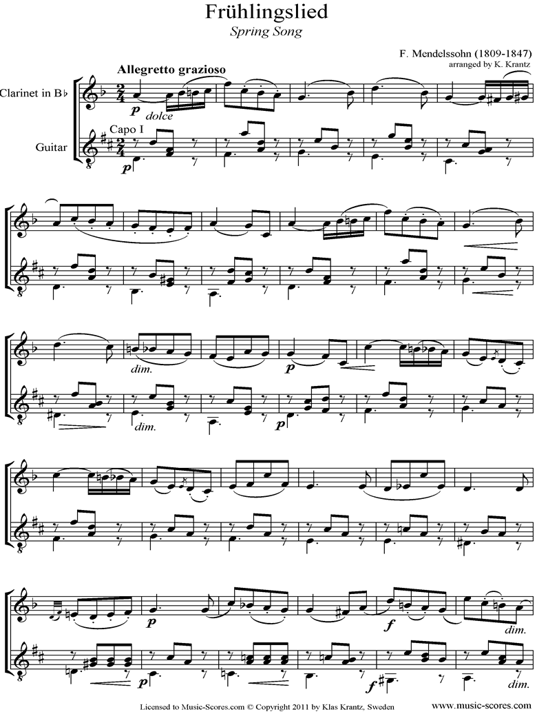 Op.62: Fruhlingslied: Clarinet, Guitar Capo I by Mendelssohn