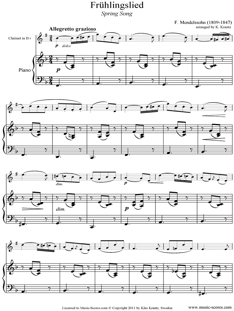 Op.62: Fruhlingslied: Clarinet, Piano by Mendelssohn