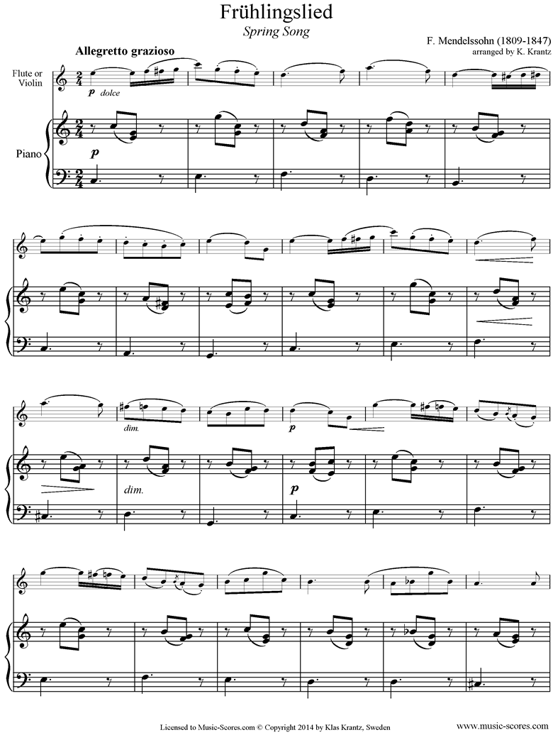 Op.62: Fruhlingslied: Flute, Piano: C ma by Mendelssohn