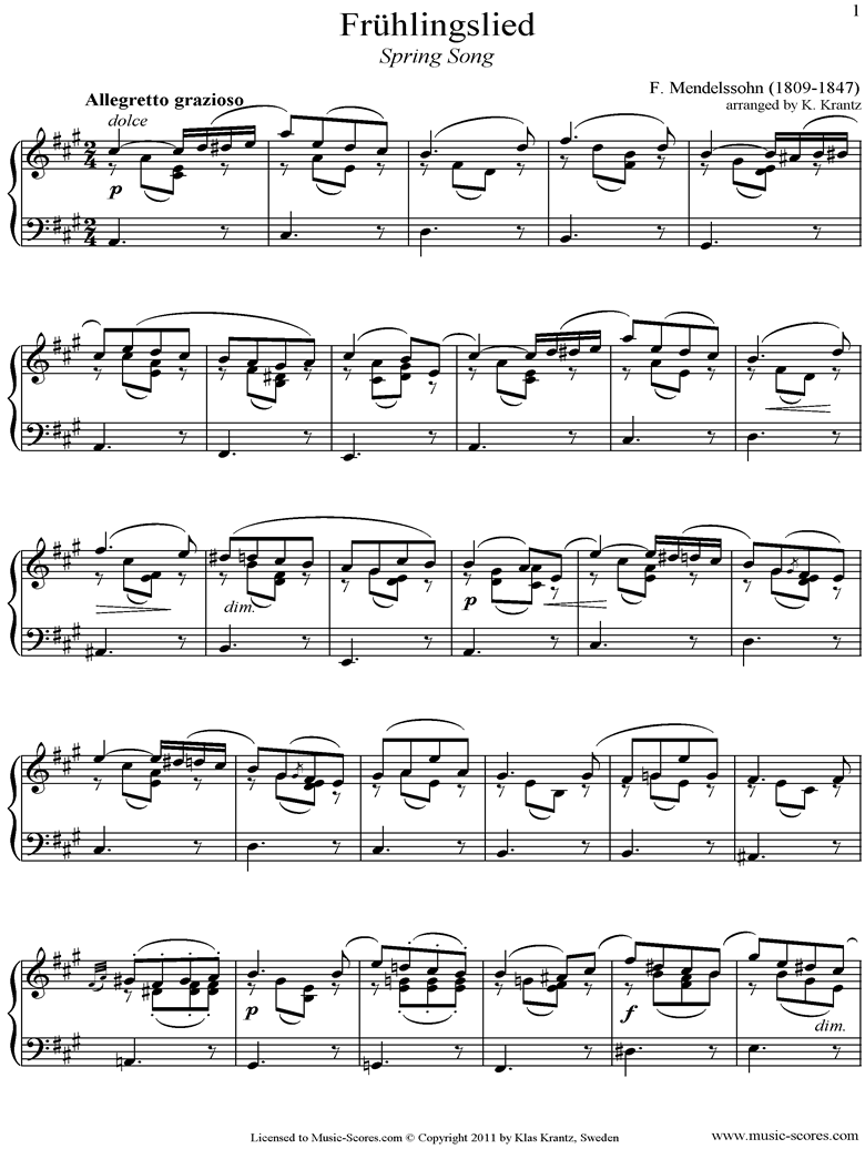 Op.62: Fruhlingslied: Easy Piano by Mendelssohn