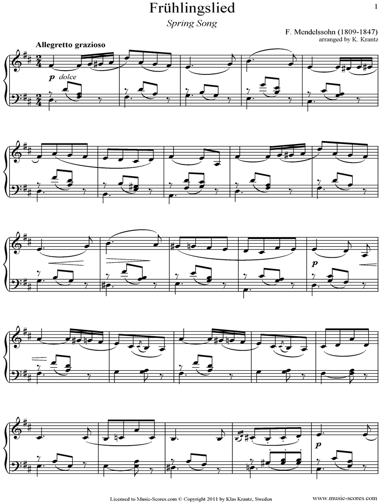 Op.62: Fruhlingslied:  easy Piano, short by Mendelssohn
