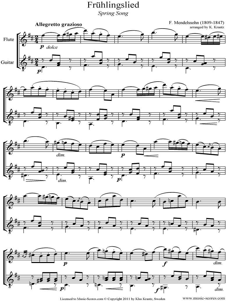 Op.62: Fruhlingslied: Flute, Guitar by Mendelssohn