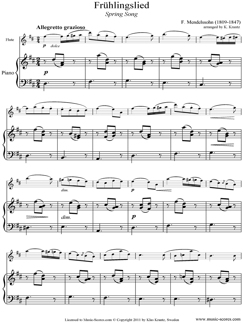 Op.62: Fruhlingslied: Flute, Piano by Mendelssohn