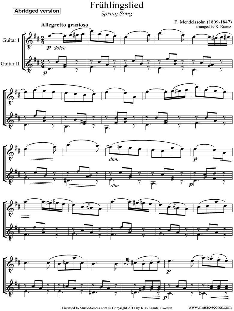 Op.62: Fruhlingslied:  Guitar Duet, short by Mendelssohn