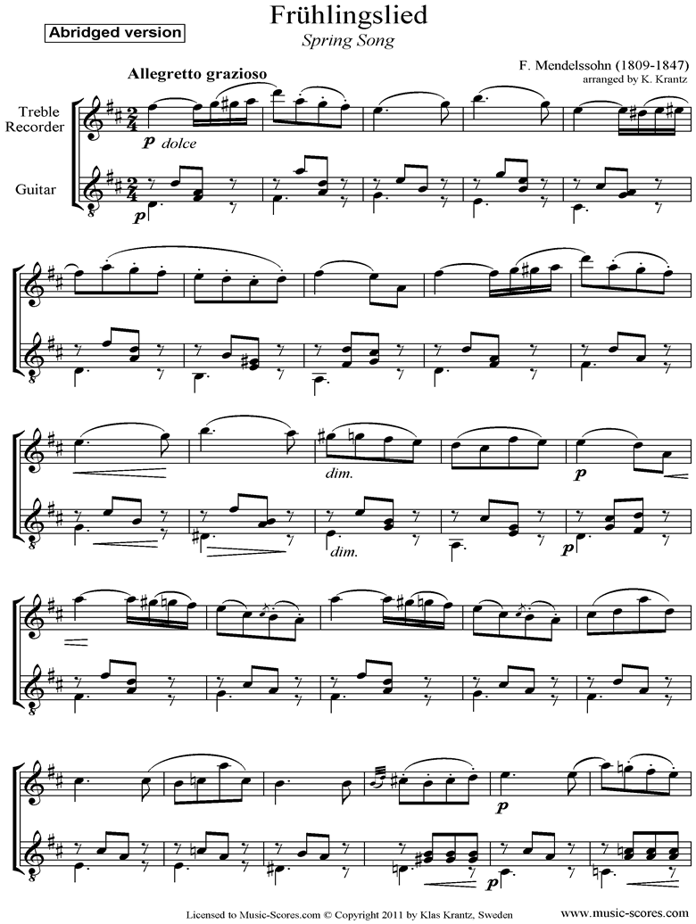 Op.62: Fruhlingslied: Treble Recorder, Guitar by Mendelssohn
