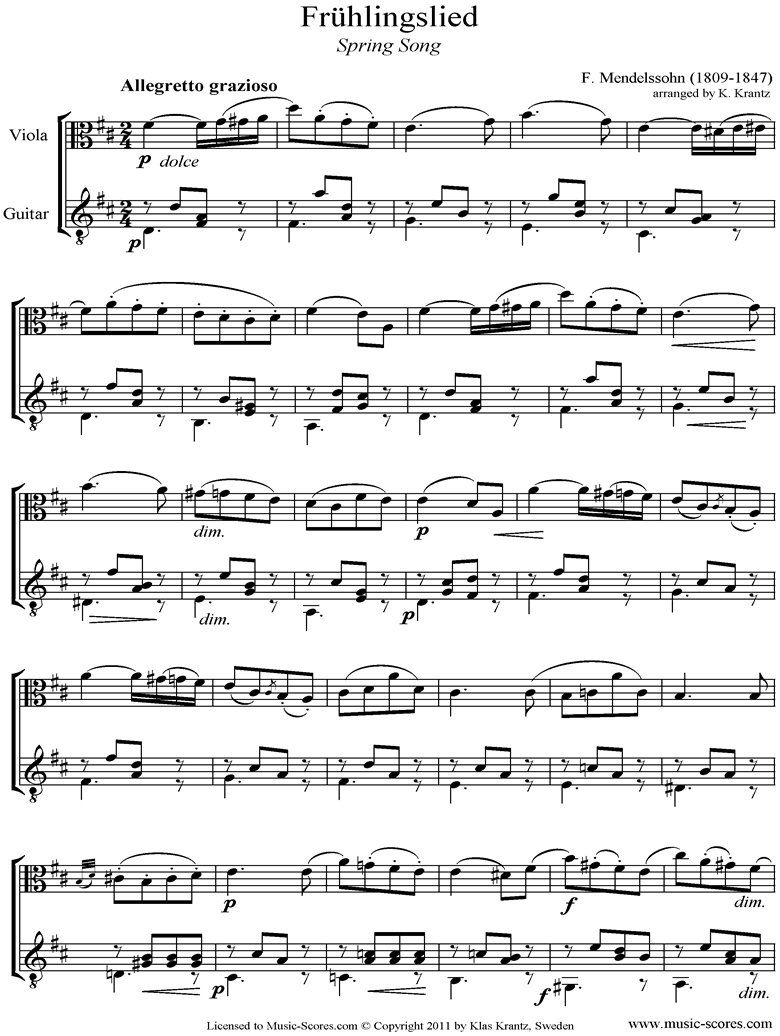 Op.62: Fruhlingslied: Viola, Guitar by Mendelssohn