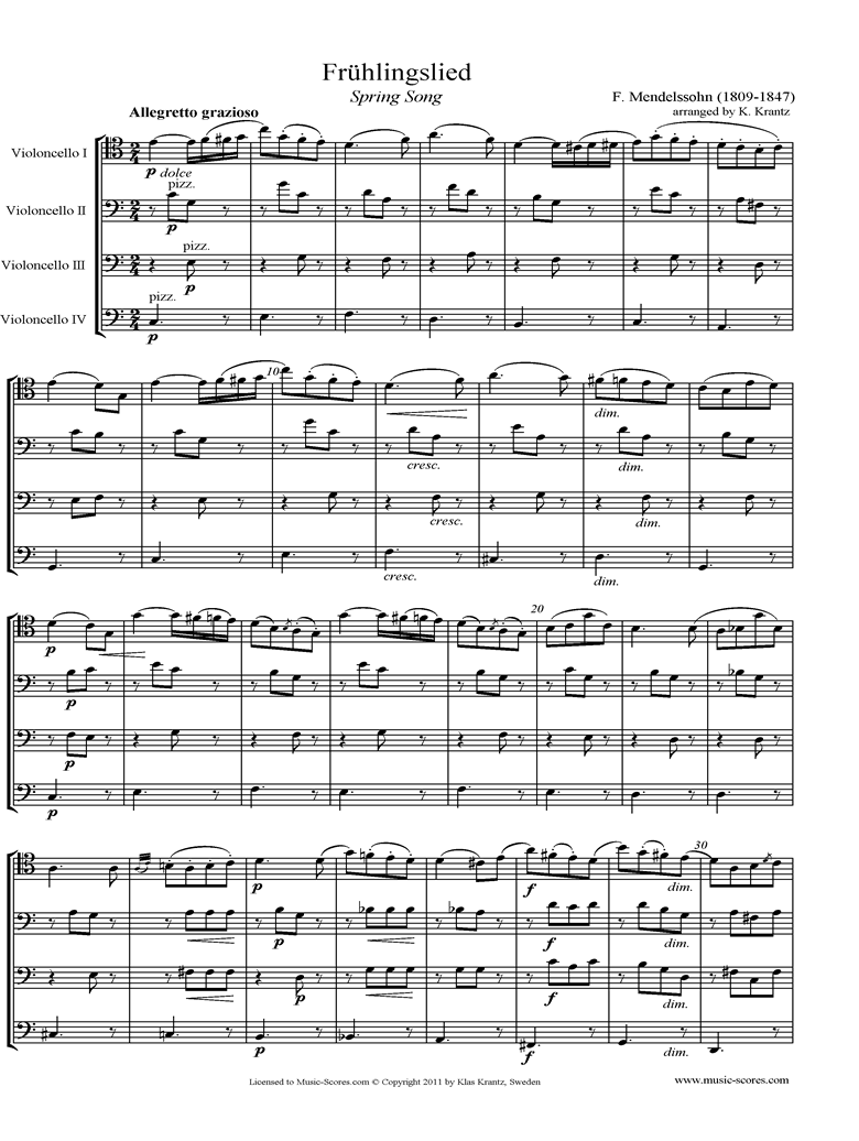 Front page of Op.62: Fruhlingslied:  Cello Quartet sheet music