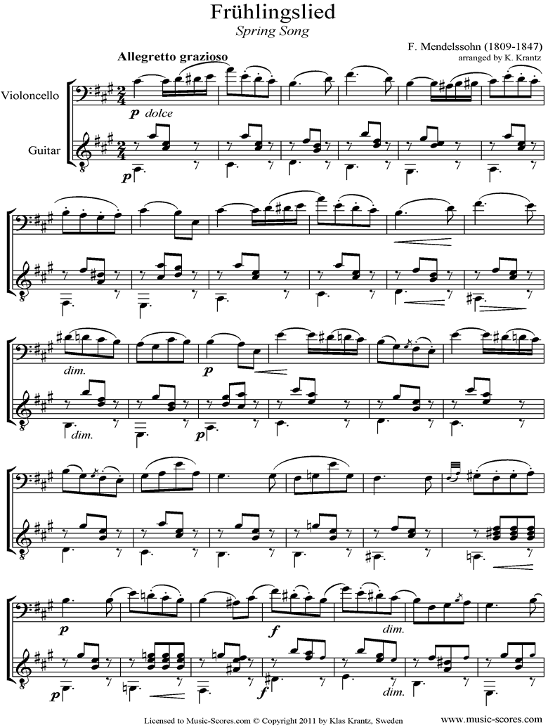 Op.62: Fruhlingslied: Cello, Guitar by Mendelssohn