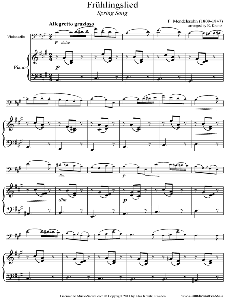 Op.62: Fruhlingslied: Cello, Piano by Mendelssohn