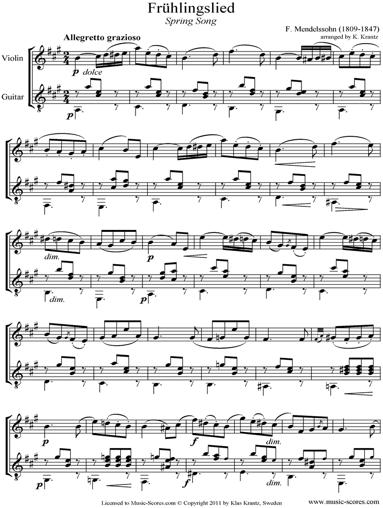 Op.62: Fruhlingslied: Violin, Guitar by Mendelssohn