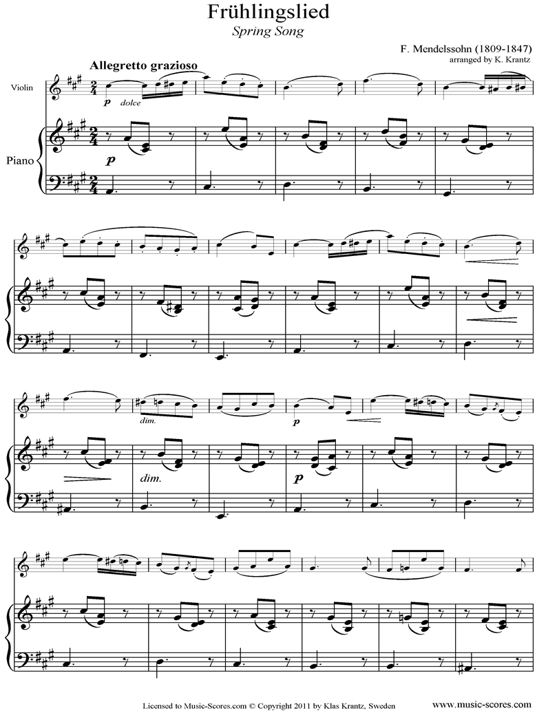 Op.62: Fruhlingslied: Violin, Piano by Mendelssohn