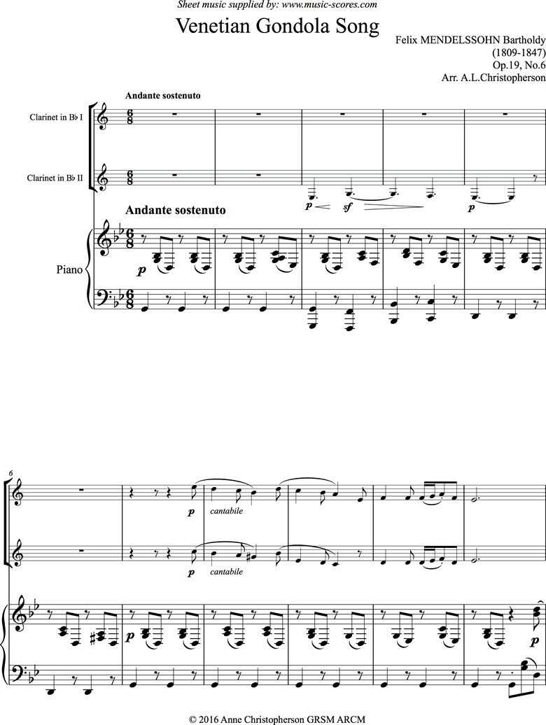 Op.19, No.6: Venetian Boat Song: 2 Clarinet, Piano by Mendelssohn