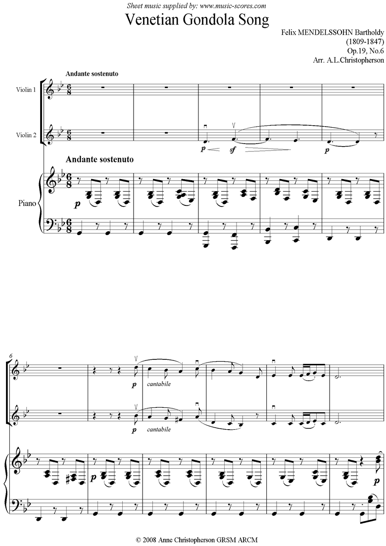 Op.19 No.6: Venetian Boat Song: 2 Violins and Piano by Mendelssohn