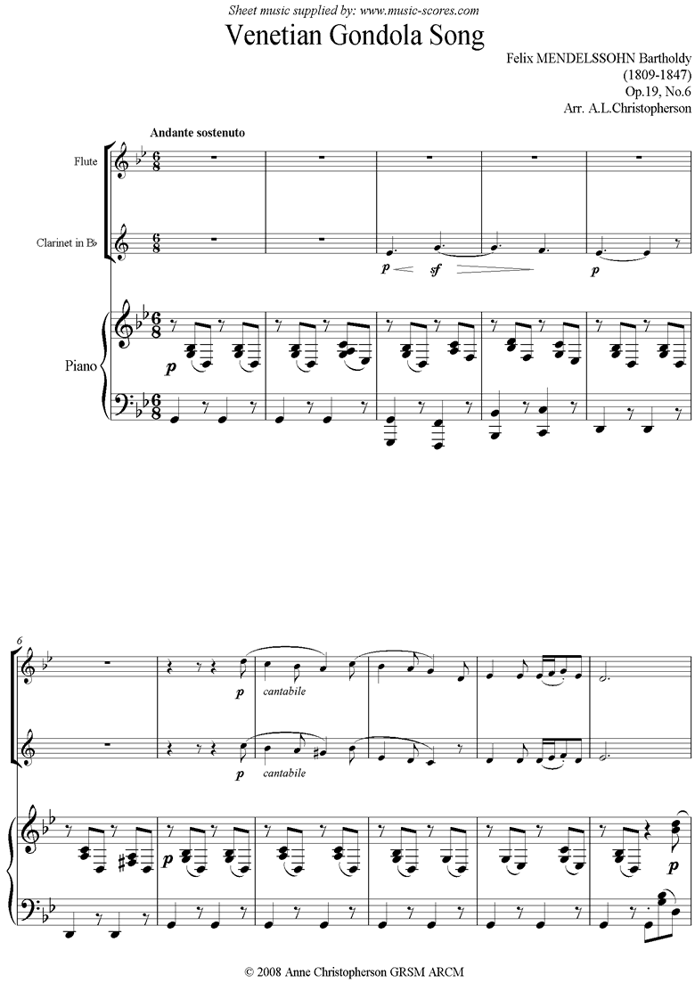 Op.19 No.6: Venetian Boat Song: Flute Clarinet Piano by Mendelssohn