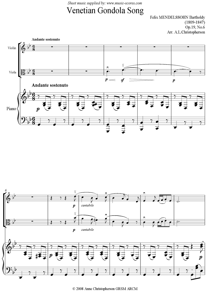 Op.19 No.6: Venetian Boat Song: Violin Viola Piano by Mendelssohn