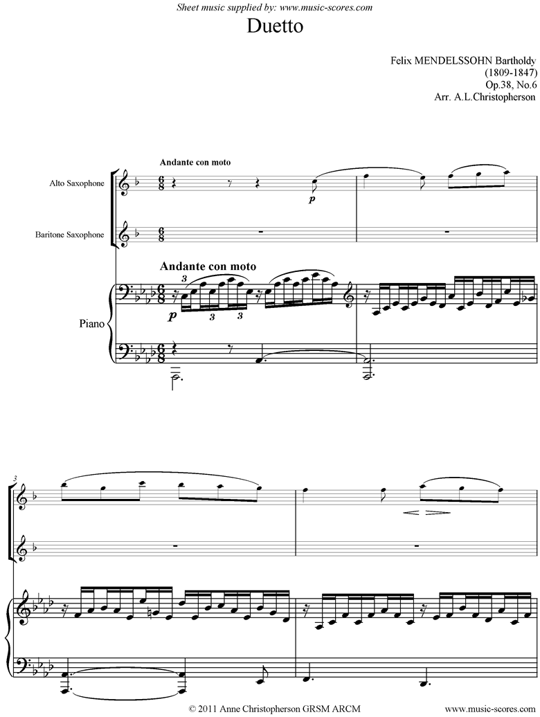 Front page of Op.38, No.6: Duetto: Song Without Words: Alto and Bari Sax sheet music