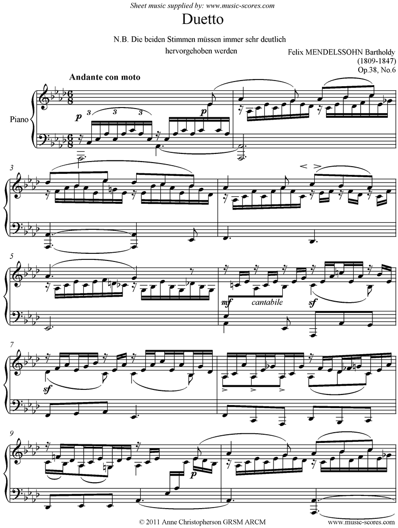 Front page of Op.38, No.6: Duetto: Song Without Words sheet music