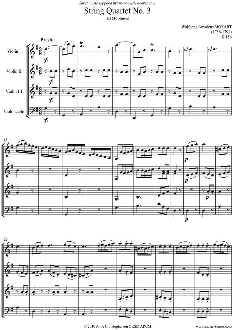 K156 Quartet No 03: 1st Mvt, Presto: 3 vns, Cello by Mozart