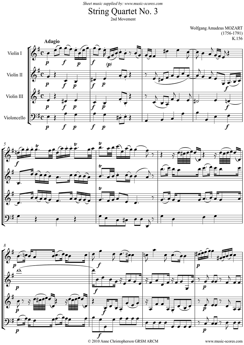 K156 Quartet No 03: 2nd Mvt, Adagio: 3 vns, Cello by Mozart