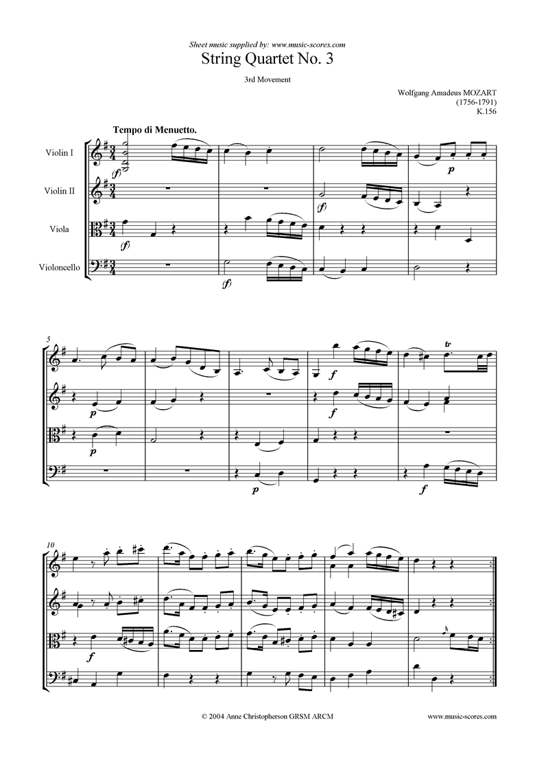 K156 String Quartet No 03: 3rd Mvt, Menuetto by Mozart