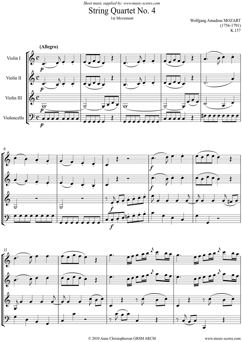 K157 Quartet No 04: 1st Mvt, Allegro: 3 vns, Cello by Mozart