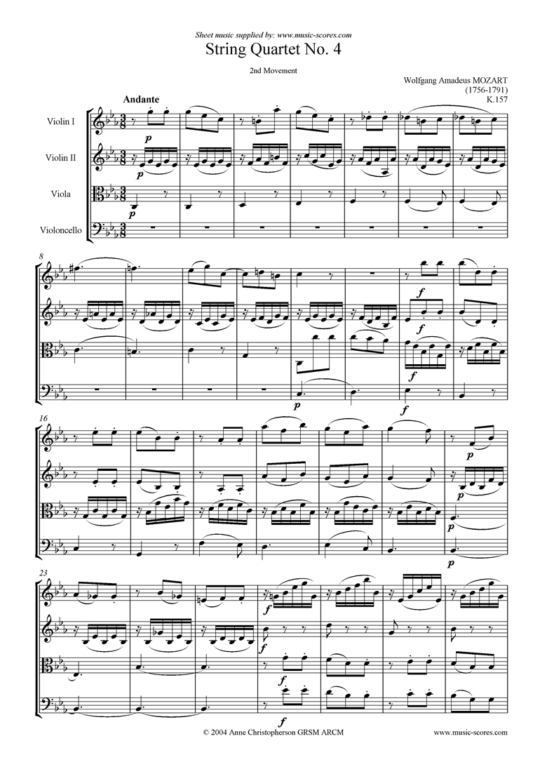 Front page of K157 String Quartet No 04: 2nd Mvt, Andante sheet music