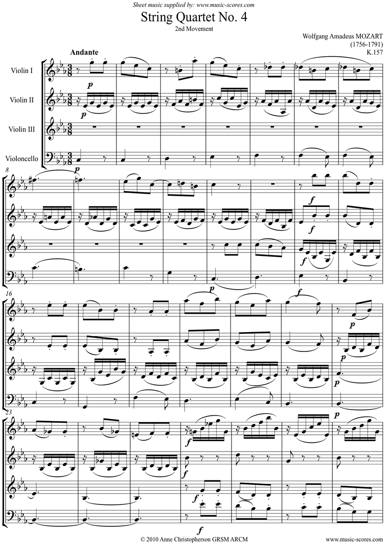 K157 Quartet No 04: 2nd Mvt, Andante: 3 vns, Cello by Mozart