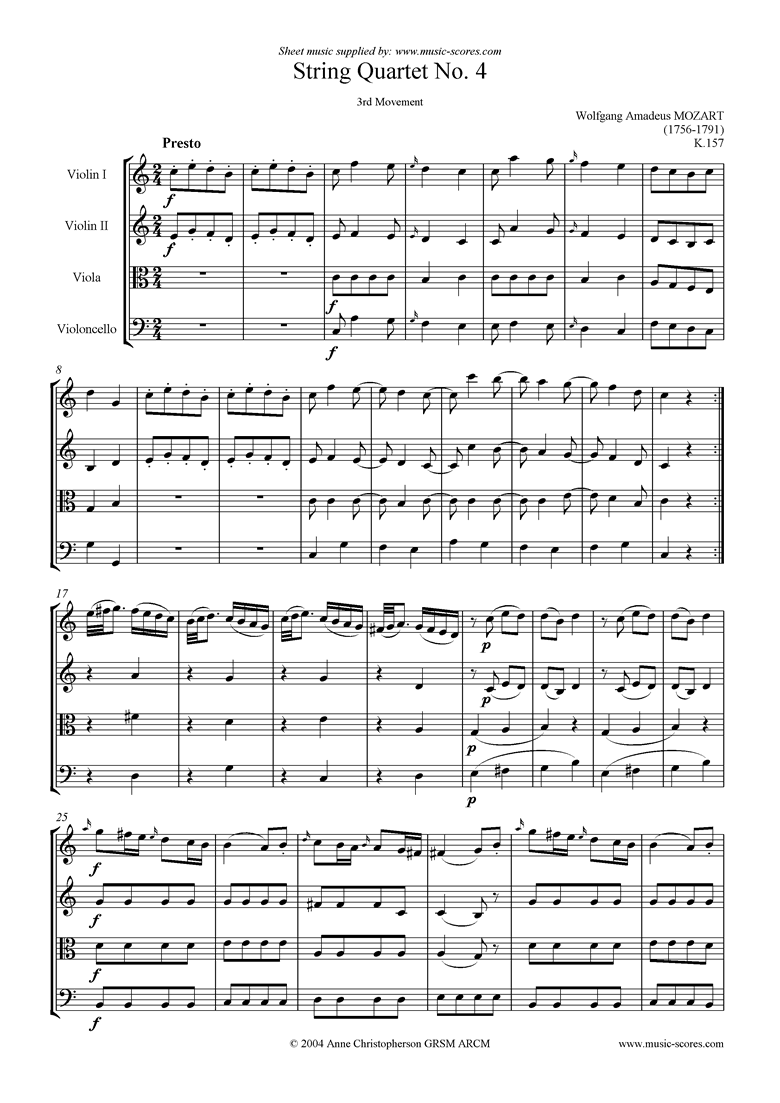 K157 String Quartet No 04: 3rd Mvt, Presto by Mozart