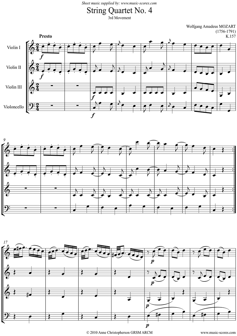K157 Quartet No 04: 3rd Mvt, Presto: 3 vns, Cello by Mozart