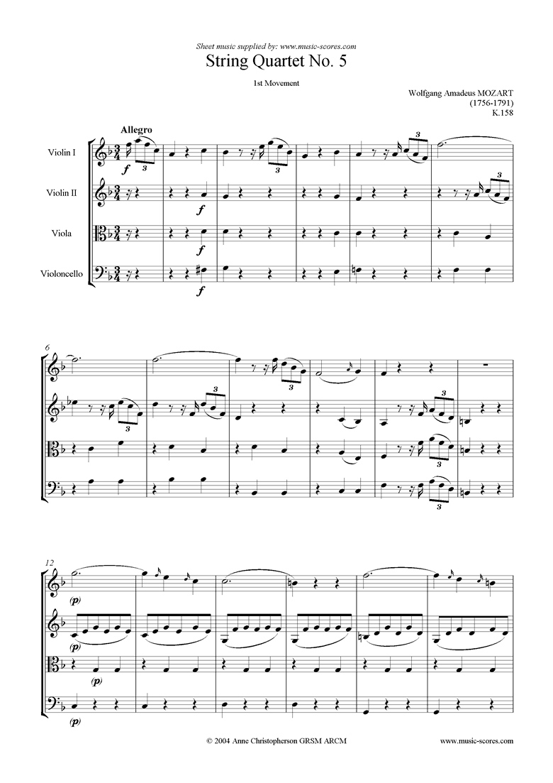 K158 String Quartet No 05: 1st Mvt, Allegro by Mozart