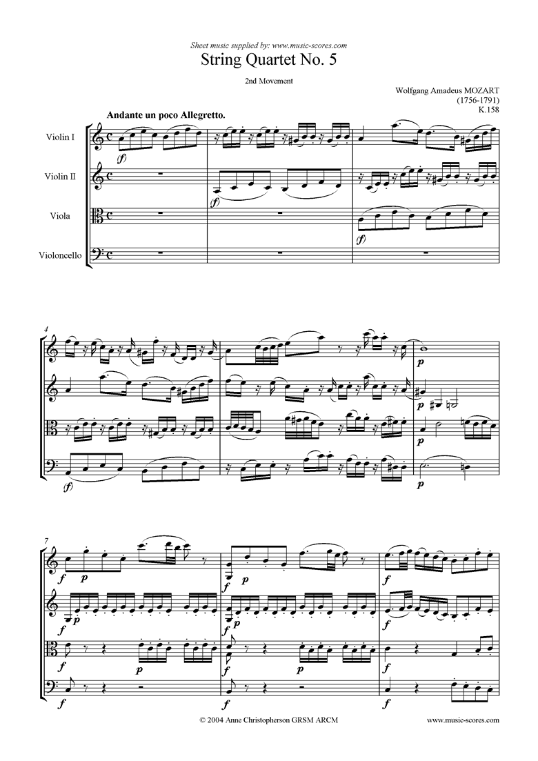 K158 String Quartet No 05: 2nd Mvt, Andante by Mozart