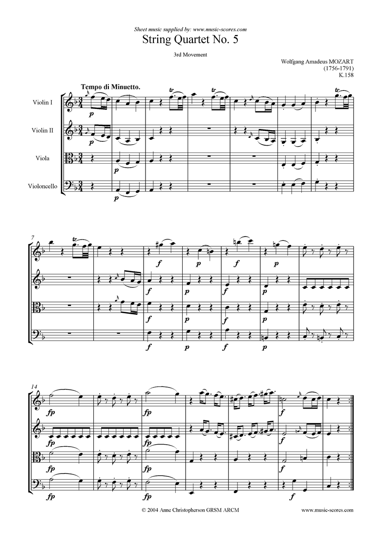 Front page of K158 String Quartet No 05: 3rd Mvt, Minuetto sheet music
