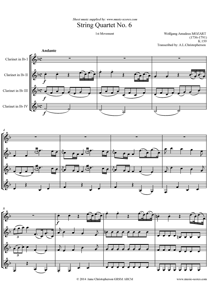 Front page of K159 Quartet No 06: 1st mvt, Andante: 4 Clarinets sheet music