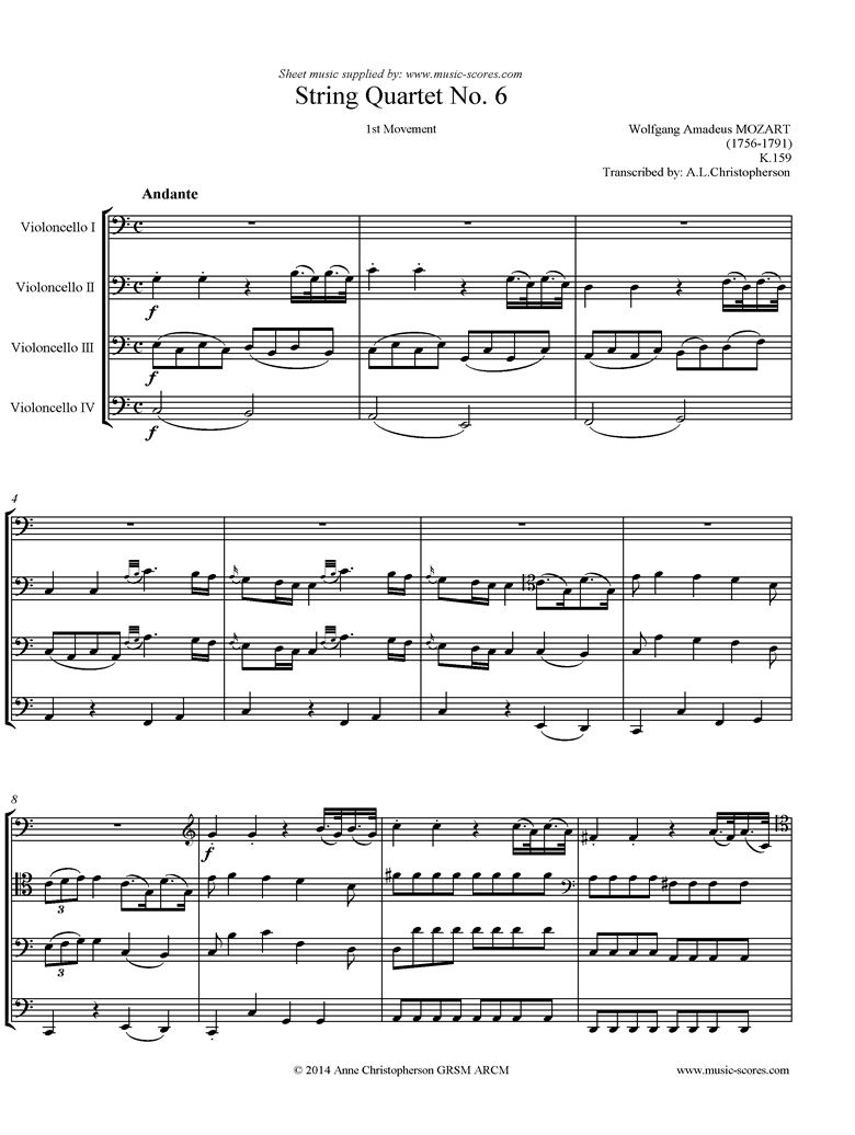 Front page of K159 Quartet No 06: 1st mvt, Andante: 4 Cellos sheet music