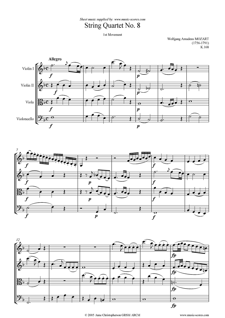 K168 String Quartet No 08: 1st mvt, Allegro by Mozart