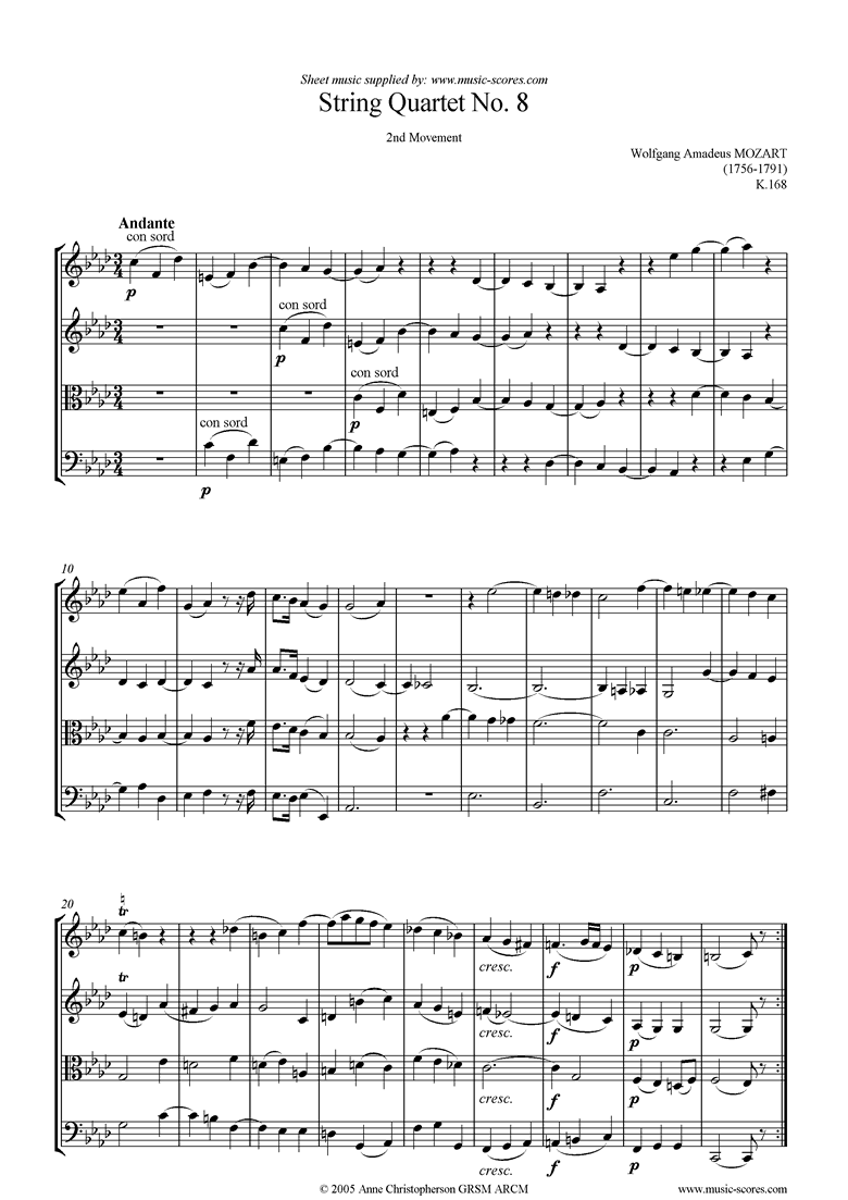 K168 String Quartet No 08: 2nd mvt, Andante by Mozart