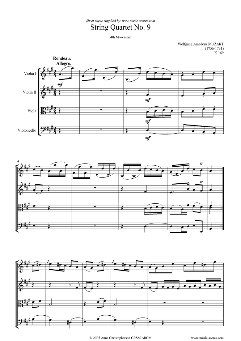 Front page of K169 String Quartet No 09: 3rd mvt, Allegro sheet music