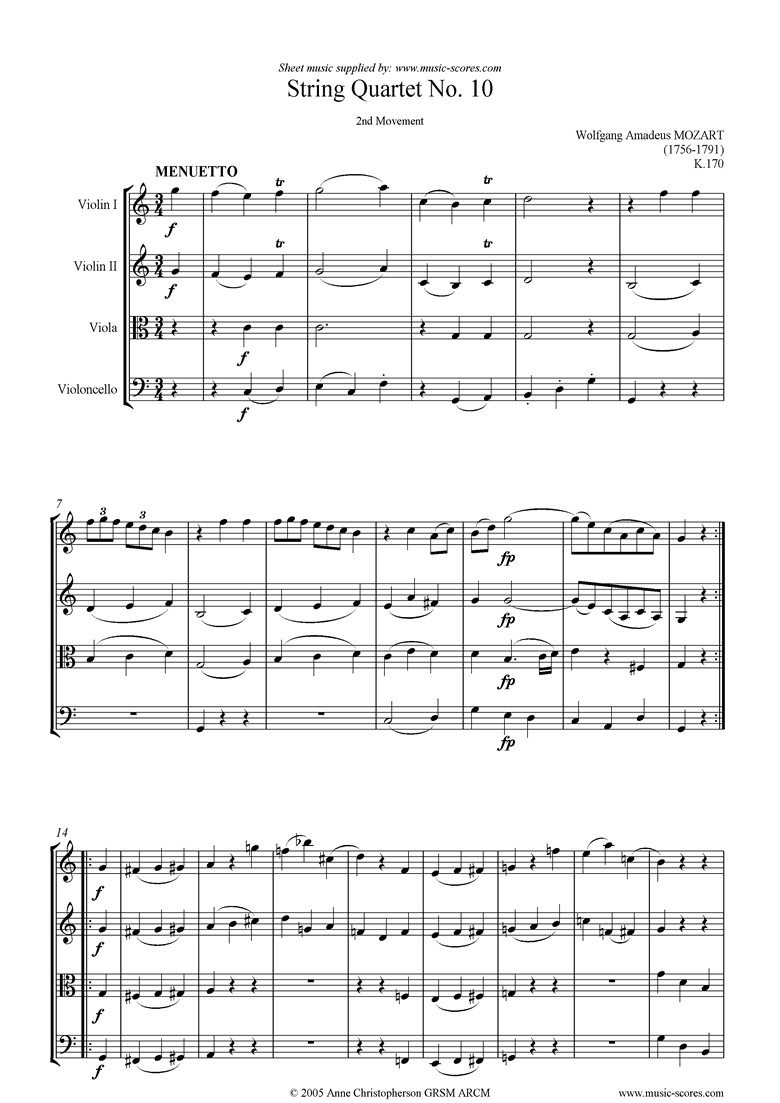 Front page of K170 String Quartet No 10: 2nd mvt, Minuet sheet music