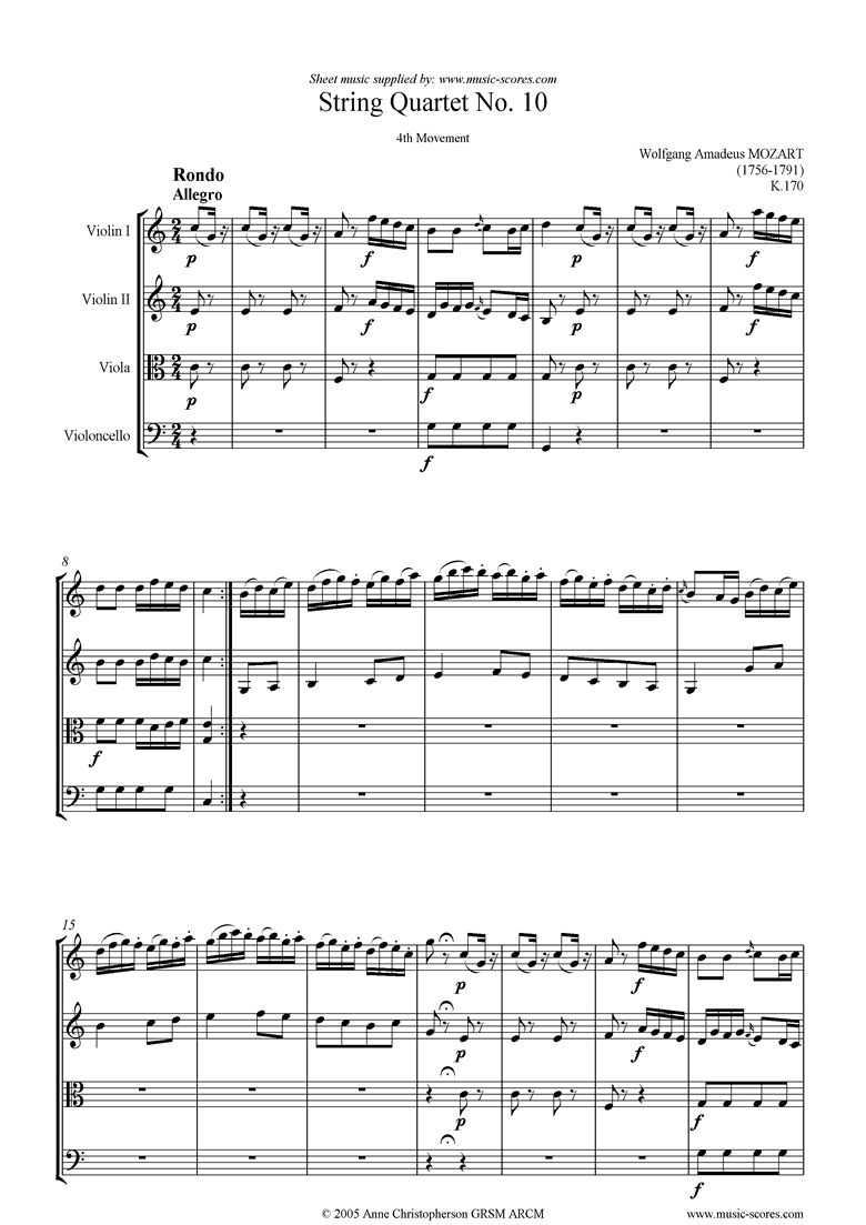 Front page of K170 String Quartet No 10: 4th mvt, Rondo sheet music