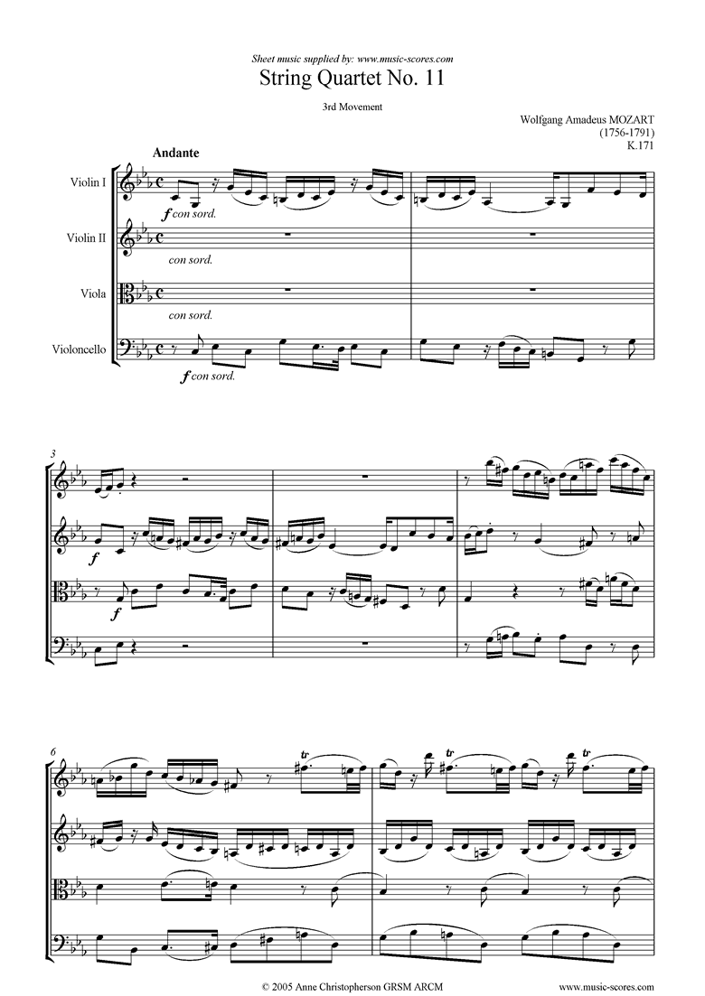Front page of K171 String Quartet No 11: 3rd mvt, Andante sheet music