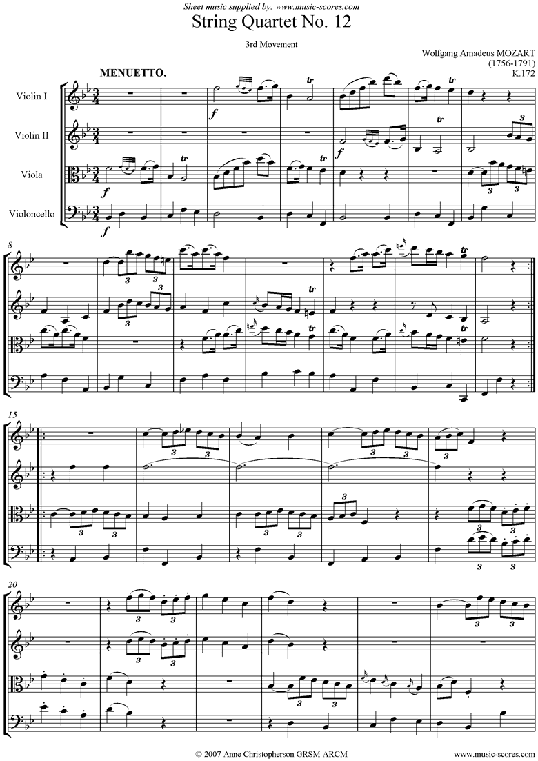 Front page of K172 String Quartet No 12: 3rd mvt, Minuet sheet music