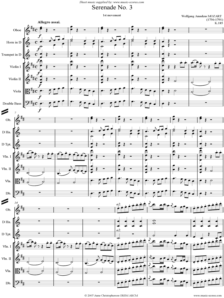 K185 Serenade No.3: 1st Mvt: Allegro assai by Mozart
