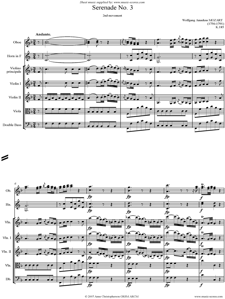 Front page of K185 Serenade No.3: 2nd Mvt: Andante sheet music