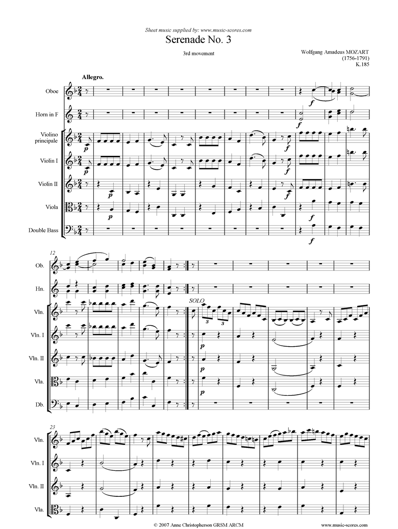 Front page of K185 Serenade No.3: 3rd Mvt: Allegro sheet music