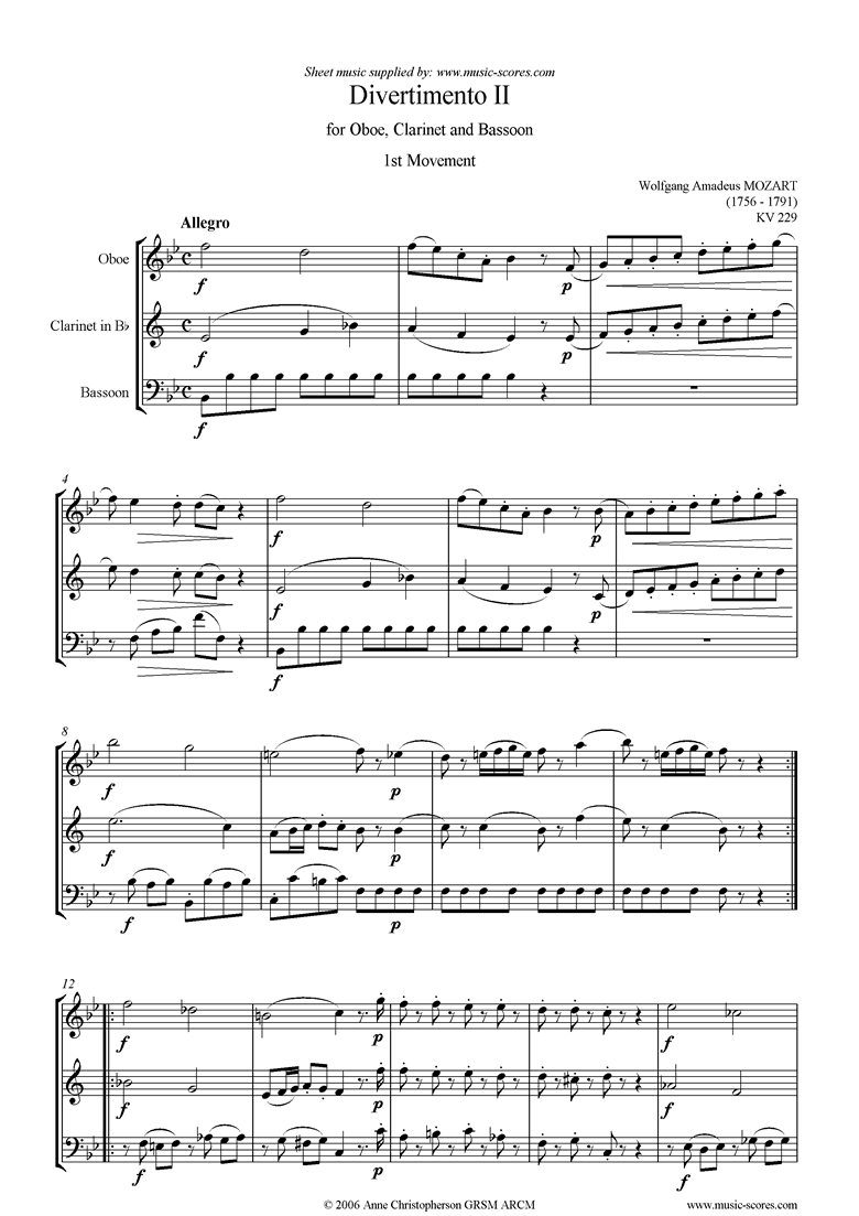 Front page of K439b, K.Anh229 Divertimento No 02: 1st mvt, Allegro: Oboe, Clarinet, Bassoon sheet music