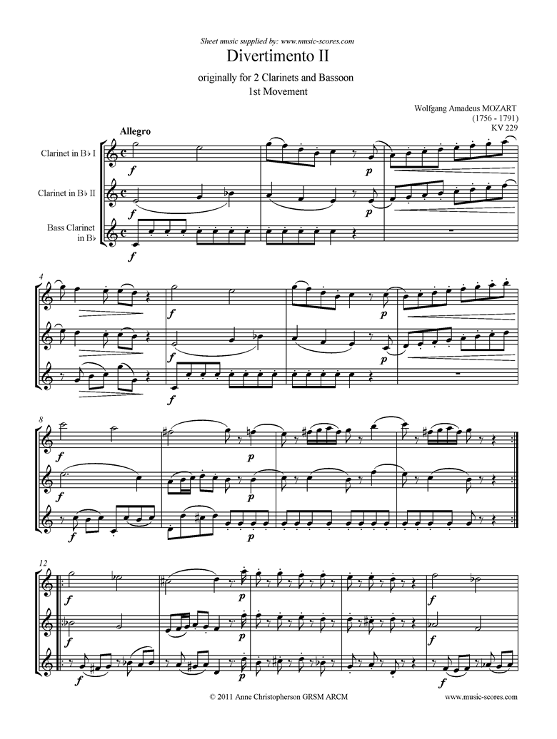 K439b, K.Anh229 Divertimento No 02: 1st mvt, Allegro: 2cls, Bcl by Mozart