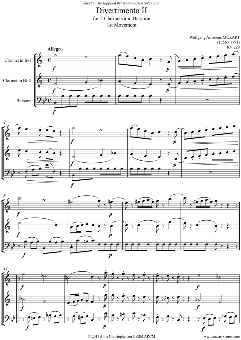 K439b, K.Anh229 Divertimento No 02: 1st mvt, Allegro: 2cls, Fg by Mozart